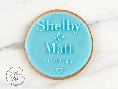 CUSTOM Wedding Names & Date With Heart - Fondant Biscuit Reverse Embosser Stamp Style 1