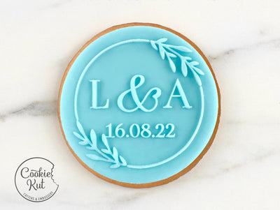 CUSTOM Wedding Initials & Date With Wreath - Fondant Biscuit Reverse Embosser Stamp Style 1