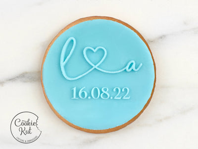 CUSTOM Wedding Initials & Date With Heart - Fondant Biscuit Reverse Embosser Stamp Style 1