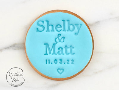 CUSTOM Wedding Names & Date With Heart - Fondant Biscuit Embosser Stamp Style 1