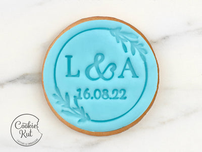 CUSTOM Wedding Initials & Date With Wreath - Fondant Biscuit Embosser Stamp Style 1