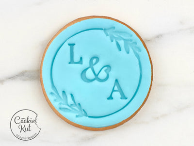 CUSTOM Wedding Initials With Wreath - Fondant Biscuit Embosser Stamp Style 2