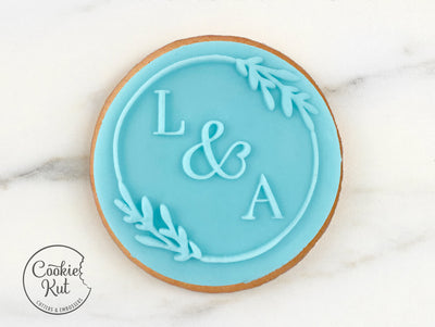 CUSTOM Wedding Initials With Wreath - Fondant Biscuit Reverse Embosser Stamp Style 2