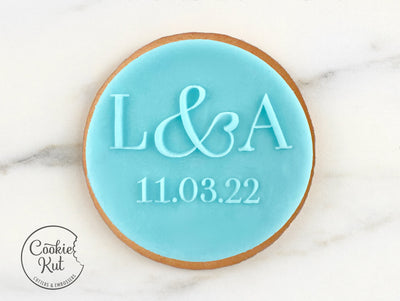CUSTOM Wedding Initials & Date With Wreath - Fondant Biscuit Reverse Embosser Stamp Style 2