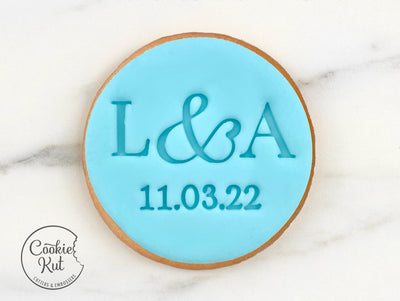 CUSTOM Wedding Initials & Date With Wreath - Fondant Biscuit Embosser Stamp Style 2
